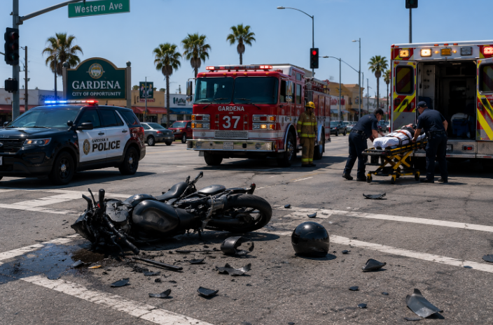Motorcycle accident scene on a Gardena street with emergency vehicles present