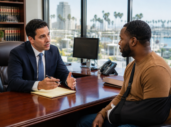 Work injury attorney consulting with injured worker in Long Beach