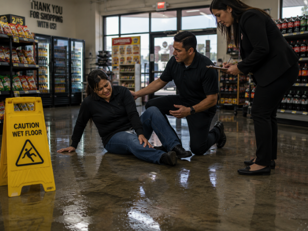 Slip and fall injury scene on wet floor in Gardena commercial property