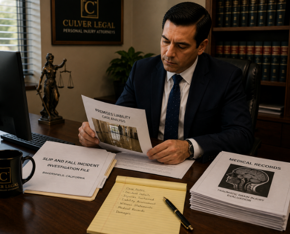 Personal injury attorney reviewing slip and fall case documents in Bakersfield