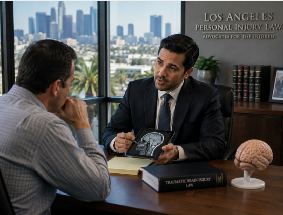 Traumatic brain injury lawyer consulting with client in Los Angeles law office