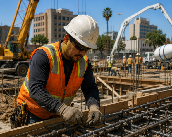 Construction worker at a Bakersfield job site with safety equipment