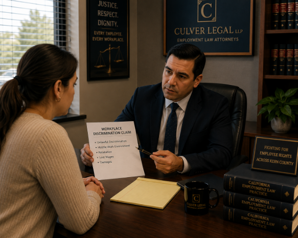 Employment lawyer meeting with a Bakersfield worker to review workplace discrimination claim