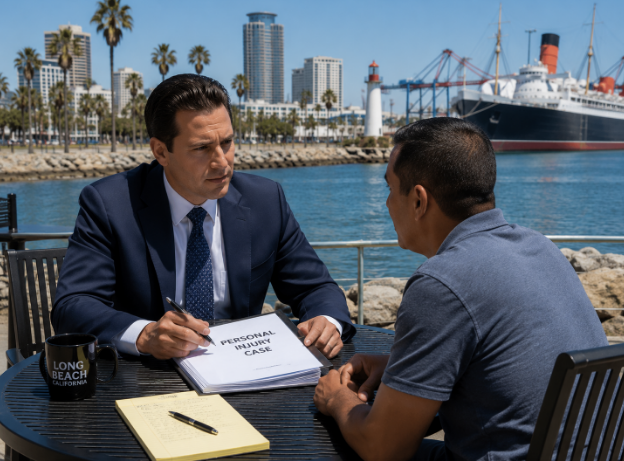 Long Beach personal injury attorney meeting with client near the waterfront