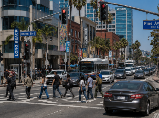 Busy intersection in downtown Long Beach where pedestrian and vehicle accidents occur