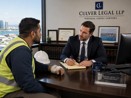Work injury lawyer consulting with injured worker in San Diego office