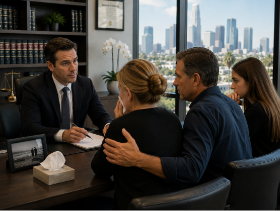 Wrongful death attorney consulting with grieving family in law office