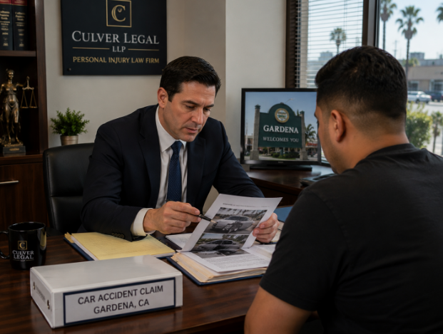 Attorney reviewing car accident claim documents for a Gardena client