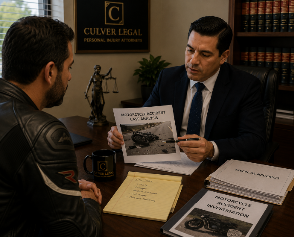 Culver Legal attorney reviewing motorcycle accident case documents with a client in Bakersfield