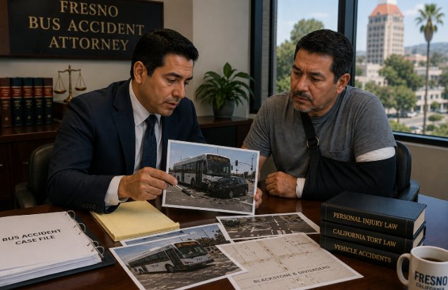 Fresno bus accident attorney reviewing case evidence with injured client