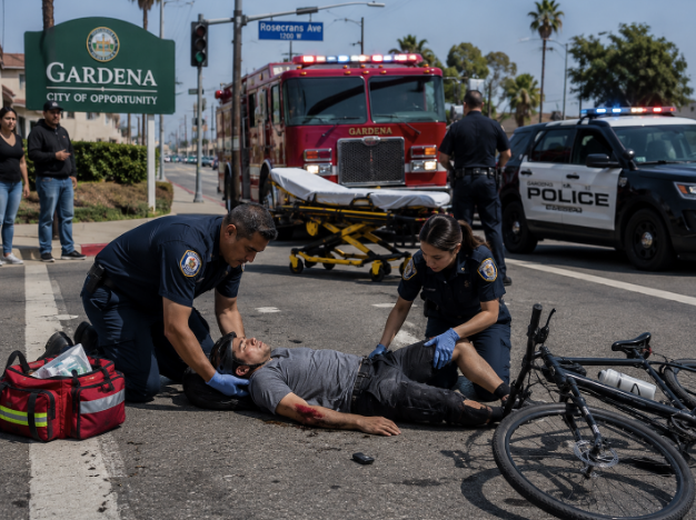 Bicycle accident scene on a Gardena street with emergency responders present
