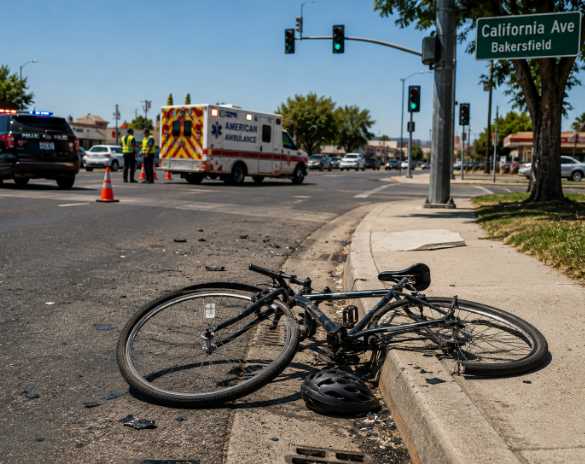 Bicycle accident scene on a Bakersfield road with a damaged bike near the curb