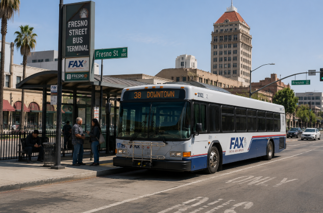 Fresno transit bus at downtown bus terminal near Fresno Street