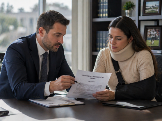 injury victim reviewing insurance settlement documents in California