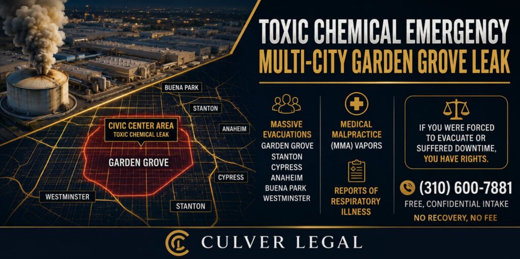 Toxic chemical emergency multi-city Garden Grove leak evacuation map Culver Legal