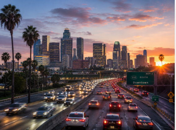 Downtown Los Angeles skyline above heavy traffic on the 110 freeway. Culver Legal Los Angeles personal injury lawyers