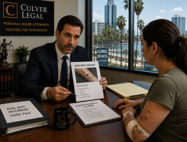 Dog bite injury victim consulting with a personal injury attorney in Long Beach, California