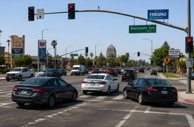 Fresno California street intersection with traffic representing car accident risk areas