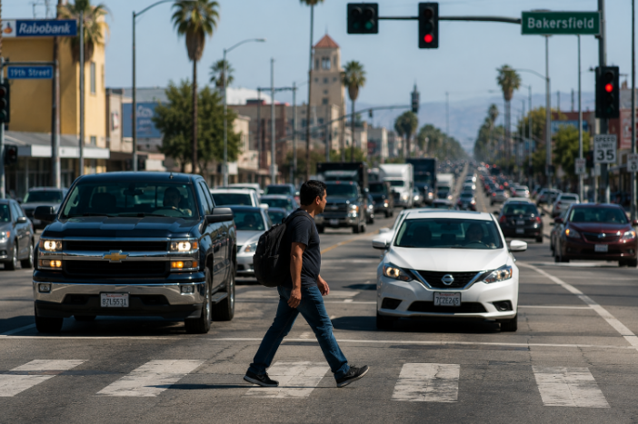 Pedestrian crossing a Bakersfield street with heavy traffic in the background