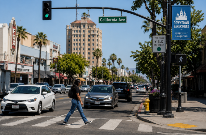 Crosswalk near downtown Bakersfield with California Avenue in the background