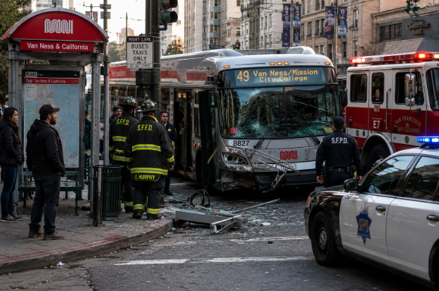 Bus accident scene near a San Francisco Muni stop with emergency vehicles present