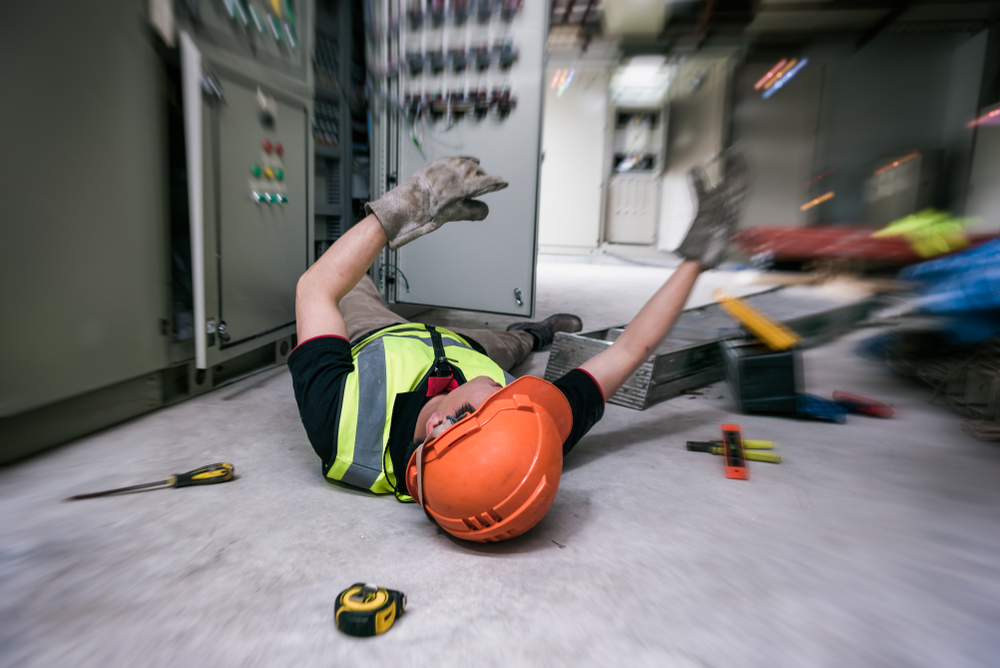 Construction site injury scene in San Diego with safety equipment
