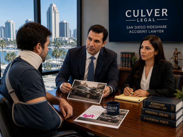 San Diego rideshare accident lawyer meeting with injured client after Uber or Lyft crash