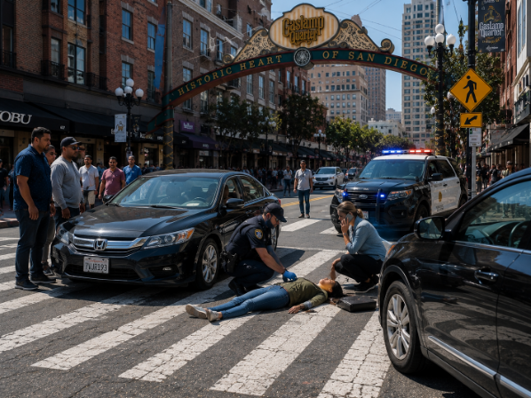 San Diego pedestrian crosswalk accident scene near the Gaslamp Quarter