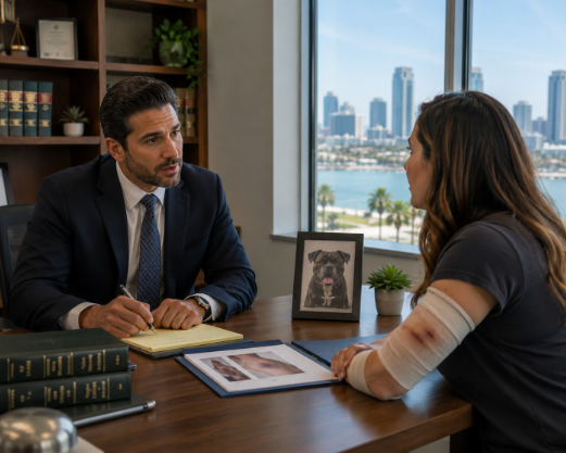 Personal injury attorney consulting with dog bite victim in San Diego