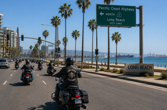 Long Beach Pacific Coast Highway near ocean with motorcycle traffic