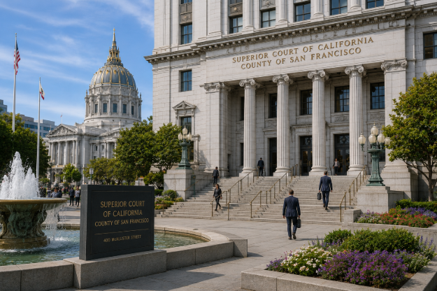 San Francisco courthouse exterior near civic center with fountain and steps