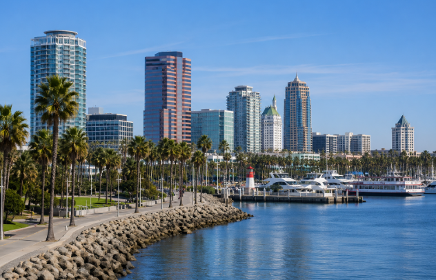 Long Beach California skyline near waterfront where personal injury accidents occur