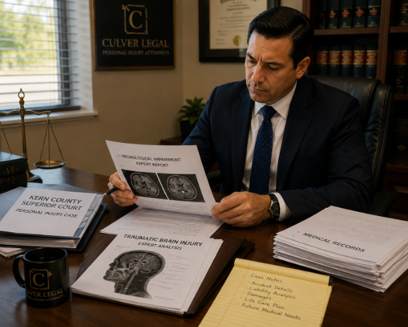 Culver Legal brain injury attorney reviewing expert reports for a Kern County TBI case