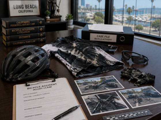 Bicycle helmet and damaged cycling gear laid out for legal documentation after a Long Beach crash