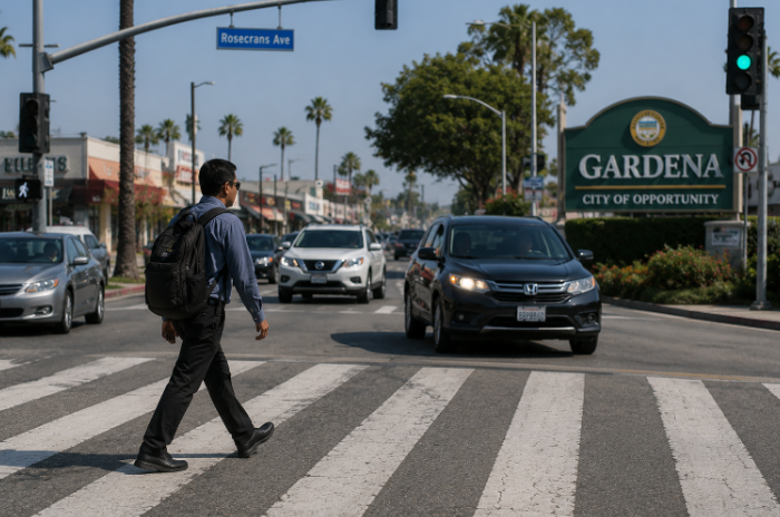 Pedestrian crossing a Gardena street with vehicles in background
