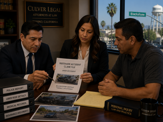 Culver Legal attorneys reviewing rideshare accident claim documentation for Fresno client