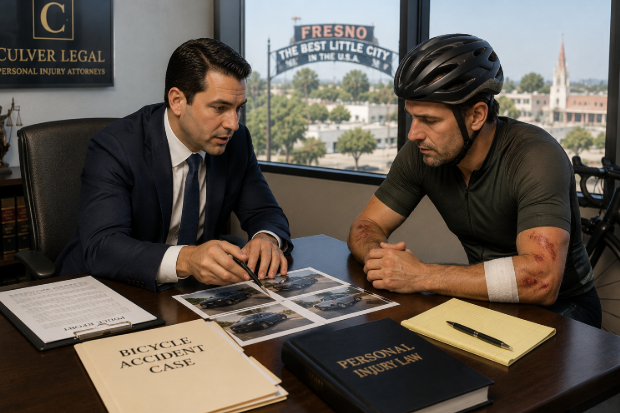 Fresno bicycle accident attorney reviewing case evidence with injured cyclist client