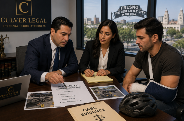 Culver Legal attorneys discussing Fresno bicycle accident compensation strategy with client