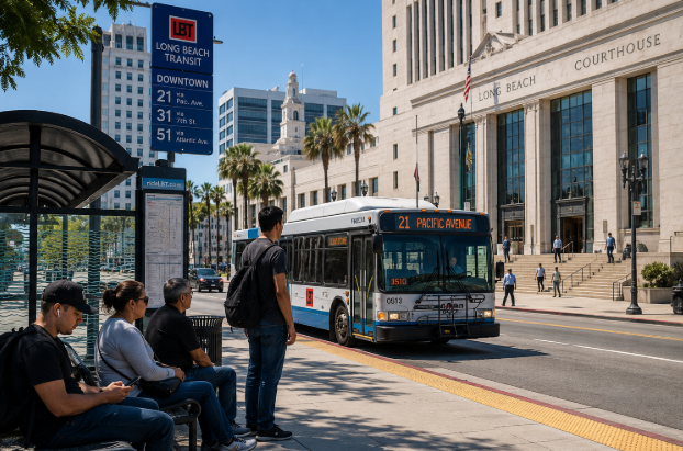 Long Beach Transit bus stop near downtown Long Beach courthouse