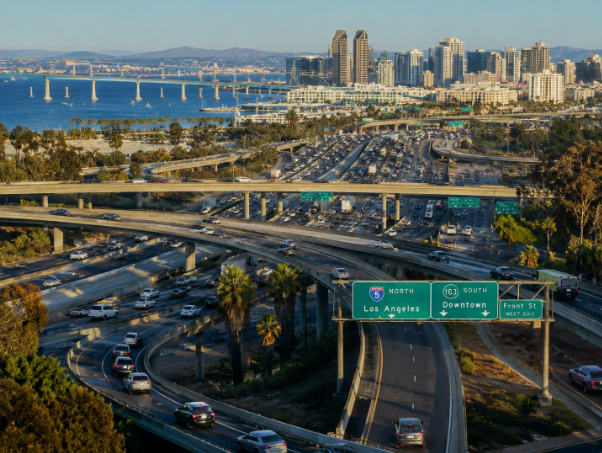 San Diego freeway interchange showing high-traffic corridors where accidents occur