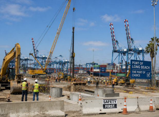 Long Beach construction site at the Port of Long Beach with cranes and heavy equipment