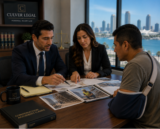 Culver Legal attorneys reviewing construction accident case documents for San Diego client