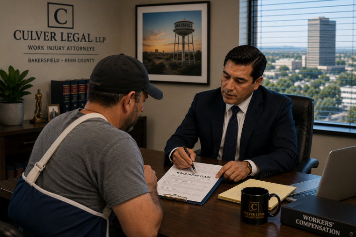 Work injury attorney reviewing case with injured Bakersfield worker