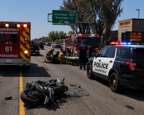 Motorcycle accident scene on a Bakersfield highway with emergency response vehicles