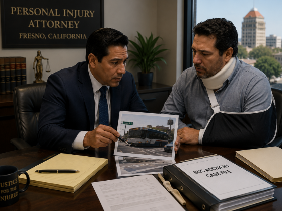Personal injury attorney consulting with bus accident victim in Fresno California office